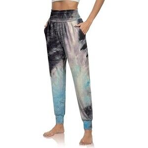 UEU Womens High Waist Cozy Joggers Size Large Tie Dye Black Blue Yoga Sweatpants